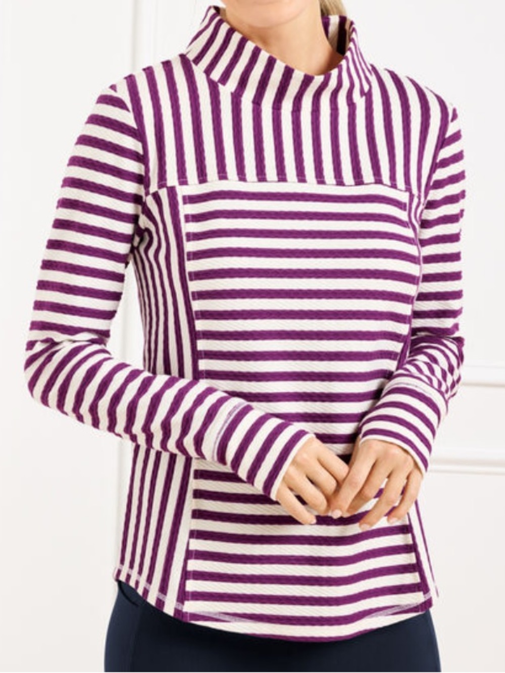 Talbots Mockneck Pullover Top Shirt Size Large Textured Purple Stripe NWT